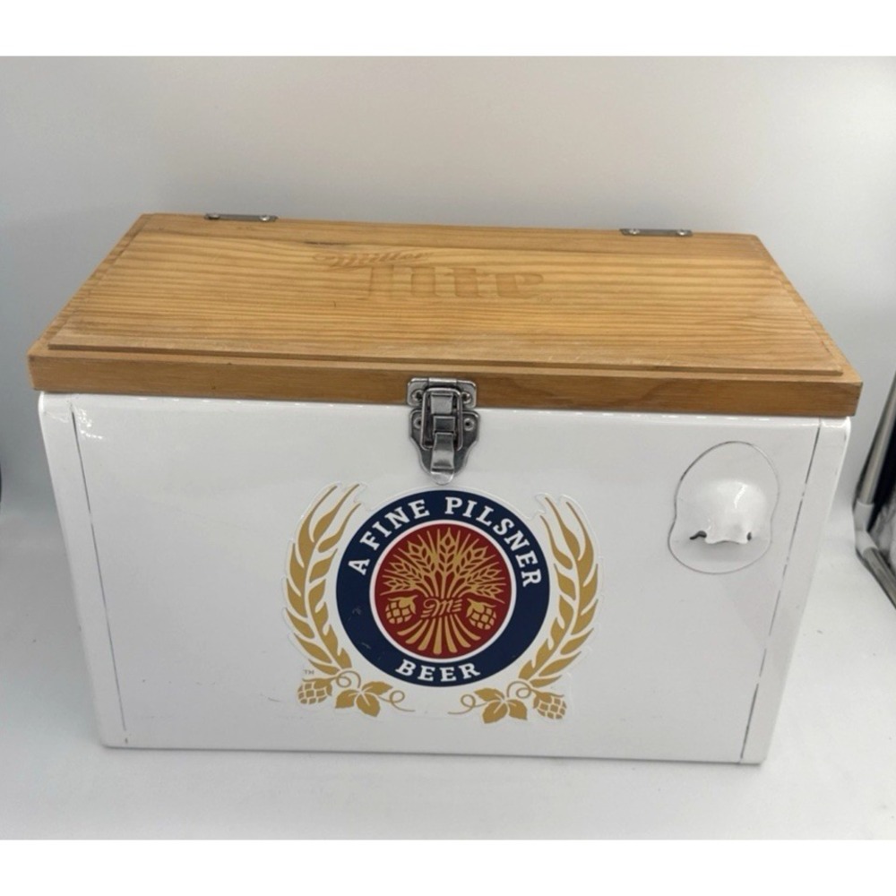 Retro Miller Lite Beer Chest Cooler Wood Top Metal Sides Stainless Steel Insides